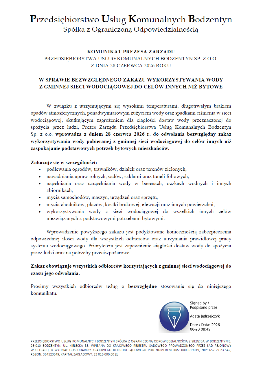 Komunikat o zakazie zużywania wody